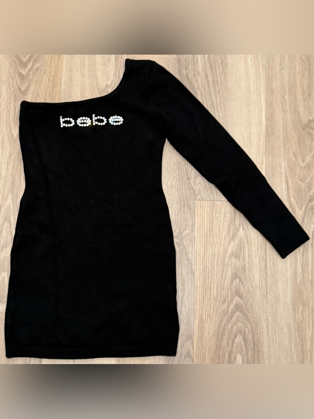 Bebe Black One Shoulder Sweater Dress S small Rhinestone Y2K Bodycon Stretch